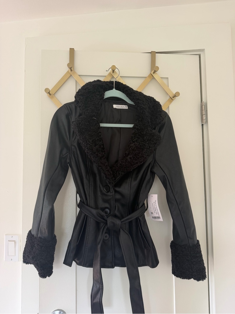 12th Tribe Faux Leather Black Shearling-Trim Jacket with Belt
